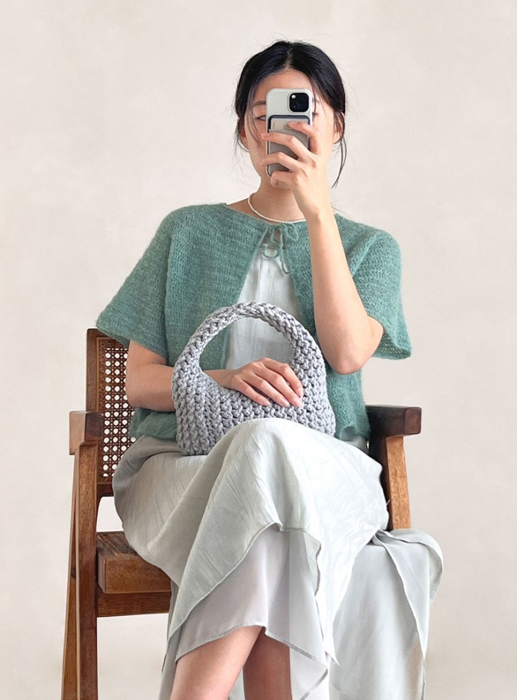 새틴 알파카 모헤어 리본타이 코바늘 반팔 가디건
